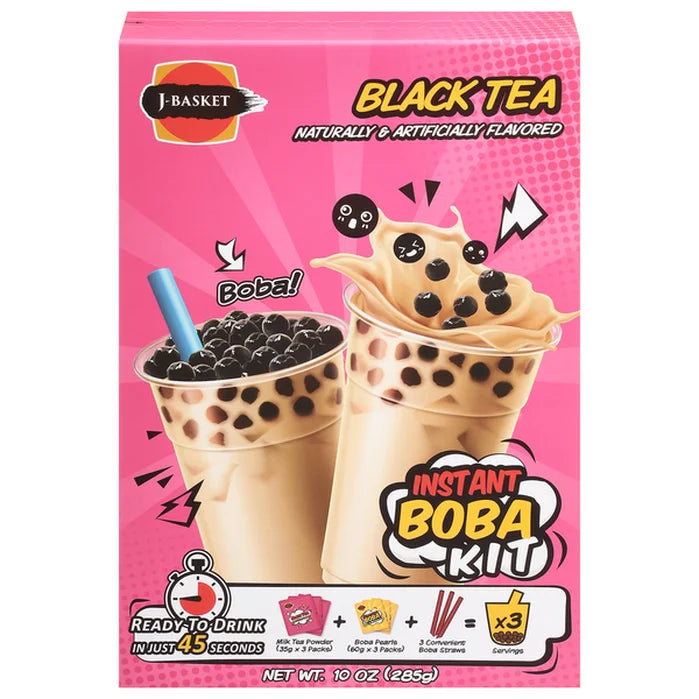 Instant Boba Milk Tea Kit (3 Servings), Black Tea Flavor 10 oz